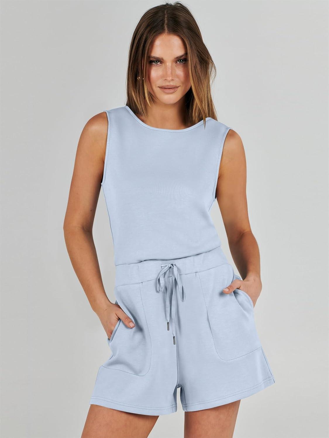 imageANRABESS Romper for Women Short Jumpsuit Summer Casual Dressy Sleeveless Outfits Beach Vacation 2025 Trendy One Piece ClothesSky Blue