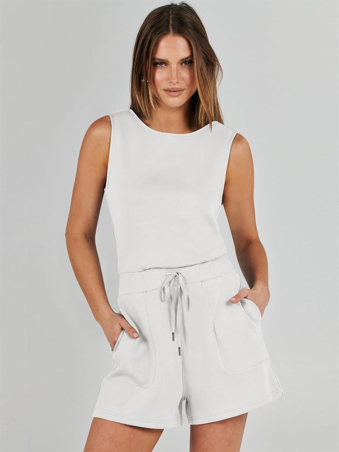 imageANRABESS Romper for Women Short Jumpsuit Summer Casual Dressy Sleeveless Outfits Beach Vacation 2025 Trendy One Piece ClothesWhite