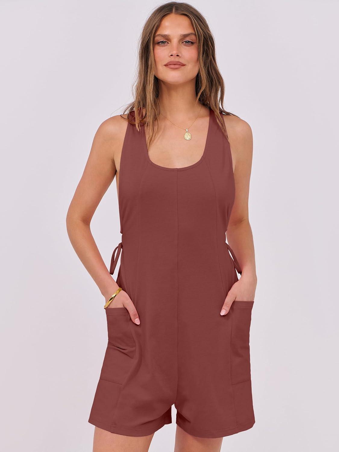 imageANRABESS Rompers for Women 2025 Summer Casual Loose Sleeveless Back Adjustable Jumpsuit Short Overalls Beach Vacation Clothes Brick Red Large