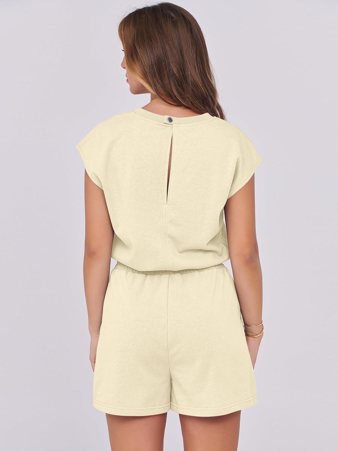 imageANRABESS Rompers for Women Summer 2025 Casual Cap Sleeve Crewneck Drawstring One Piece Jumpsuit Outfits with PocketsBeige