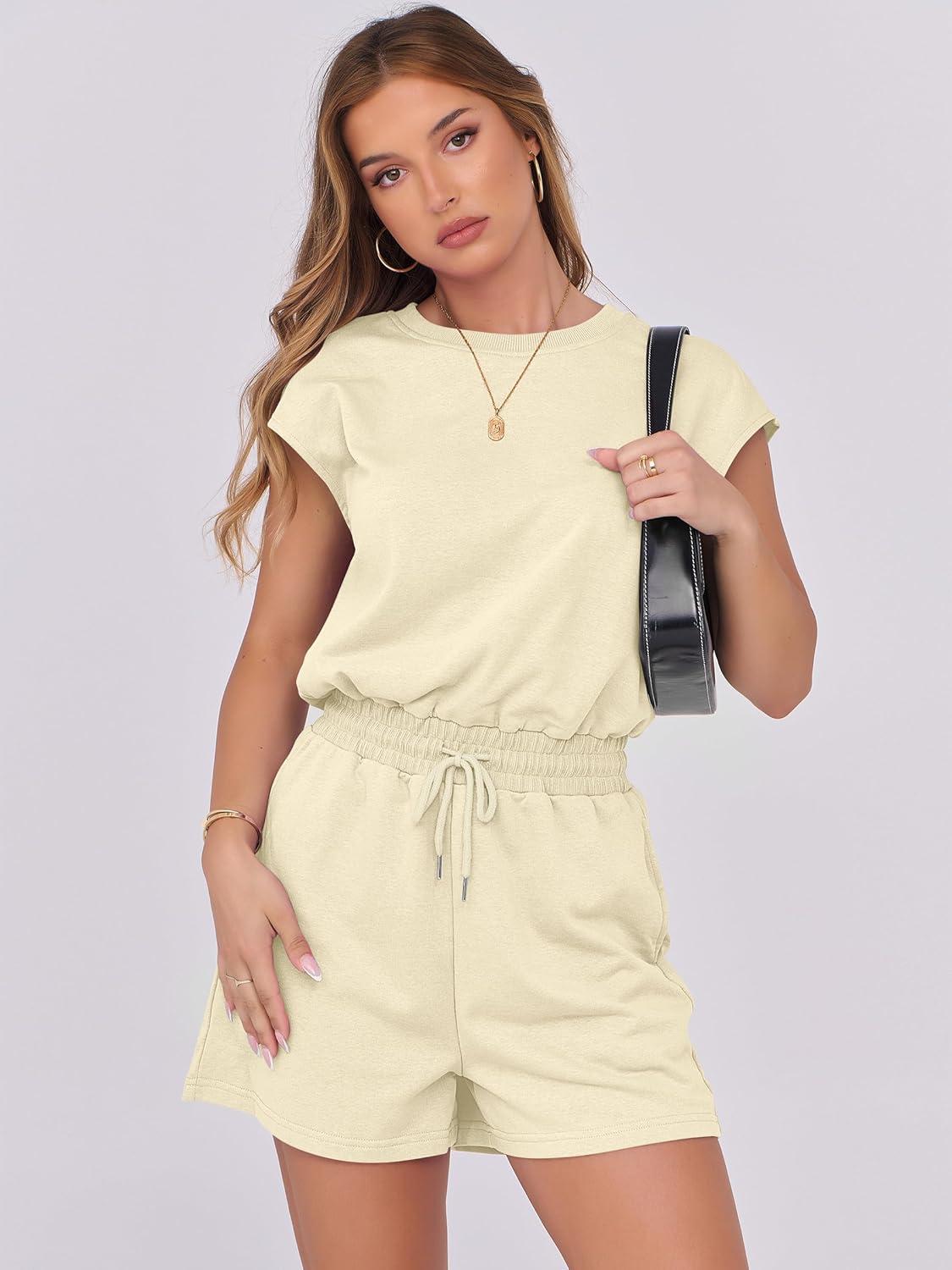 imageANRABESS Rompers for Women Summer 2025 Casual Cap Sleeve Crewneck Drawstring One Piece Jumpsuit Outfits with PocketsBeige