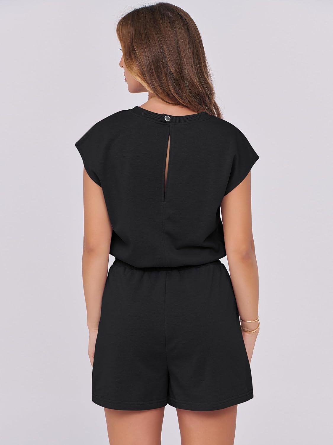 imageANRABESS Rompers for Women Summer 2025 Casual Cap Sleeve Crewneck Drawstring One Piece Jumpsuit Outfits with PocketsBlack
