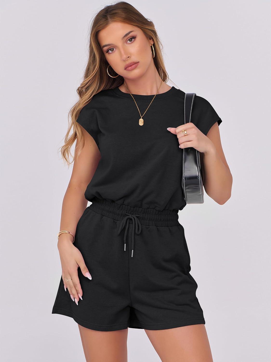 imageANRABESS Rompers for Women Summer 2025 Casual Cap Sleeve Crewneck Drawstring One Piece Jumpsuit Outfits with PocketsBlack
