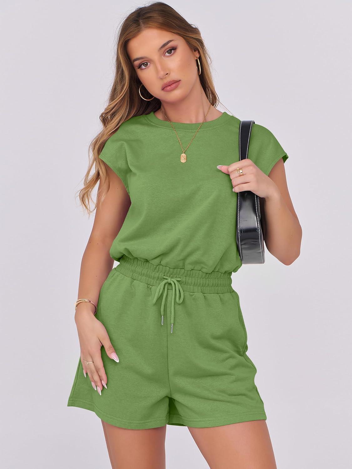 imageANRABESS Rompers for Women Summer 2025 Casual Cap Sleeve Crewneck Drawstring One Piece Jumpsuit Outfits with PocketsGrass