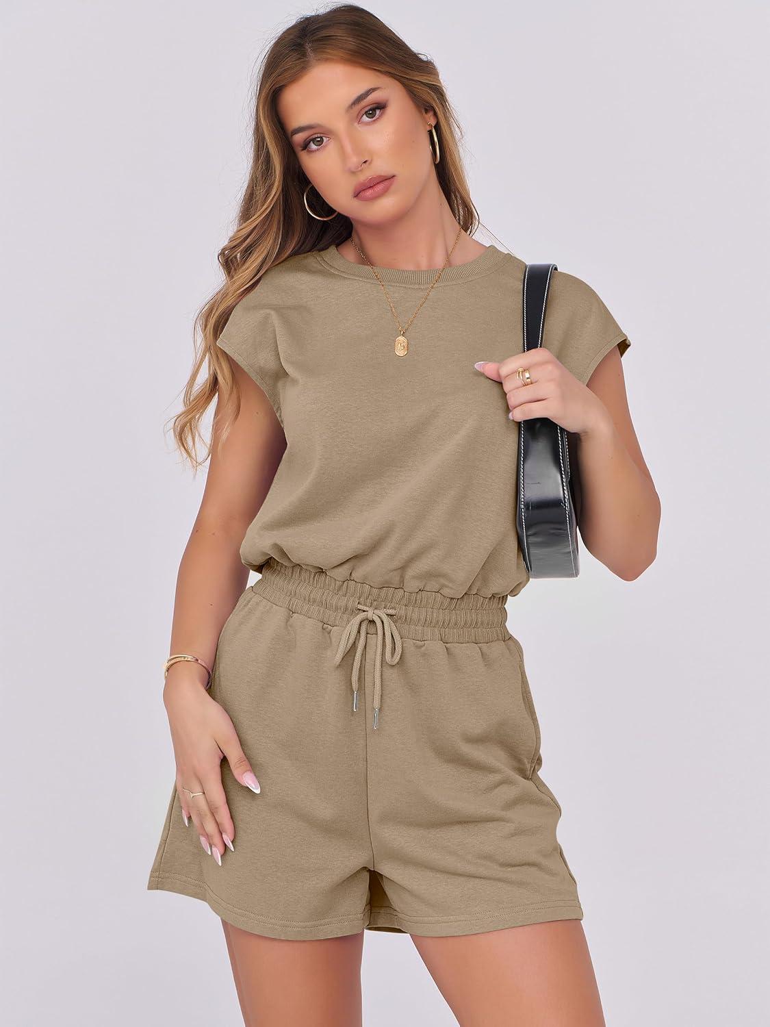 imageANRABESS Rompers for Women Summer 2025 Casual Cap Sleeve Crewneck Drawstring One Piece Jumpsuit Outfits with PocketsKhaiki