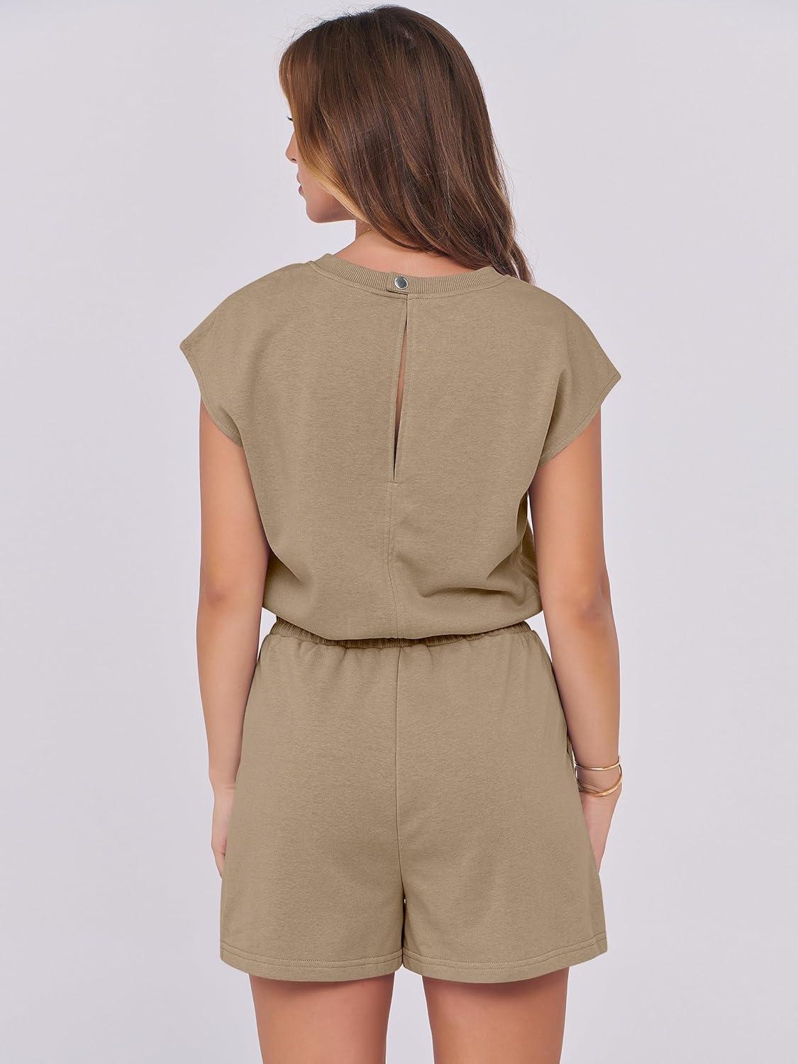 imageANRABESS Rompers for Women Summer 2025 Casual Cap Sleeve Crewneck Drawstring One Piece Jumpsuit Outfits with PocketsKhaiki