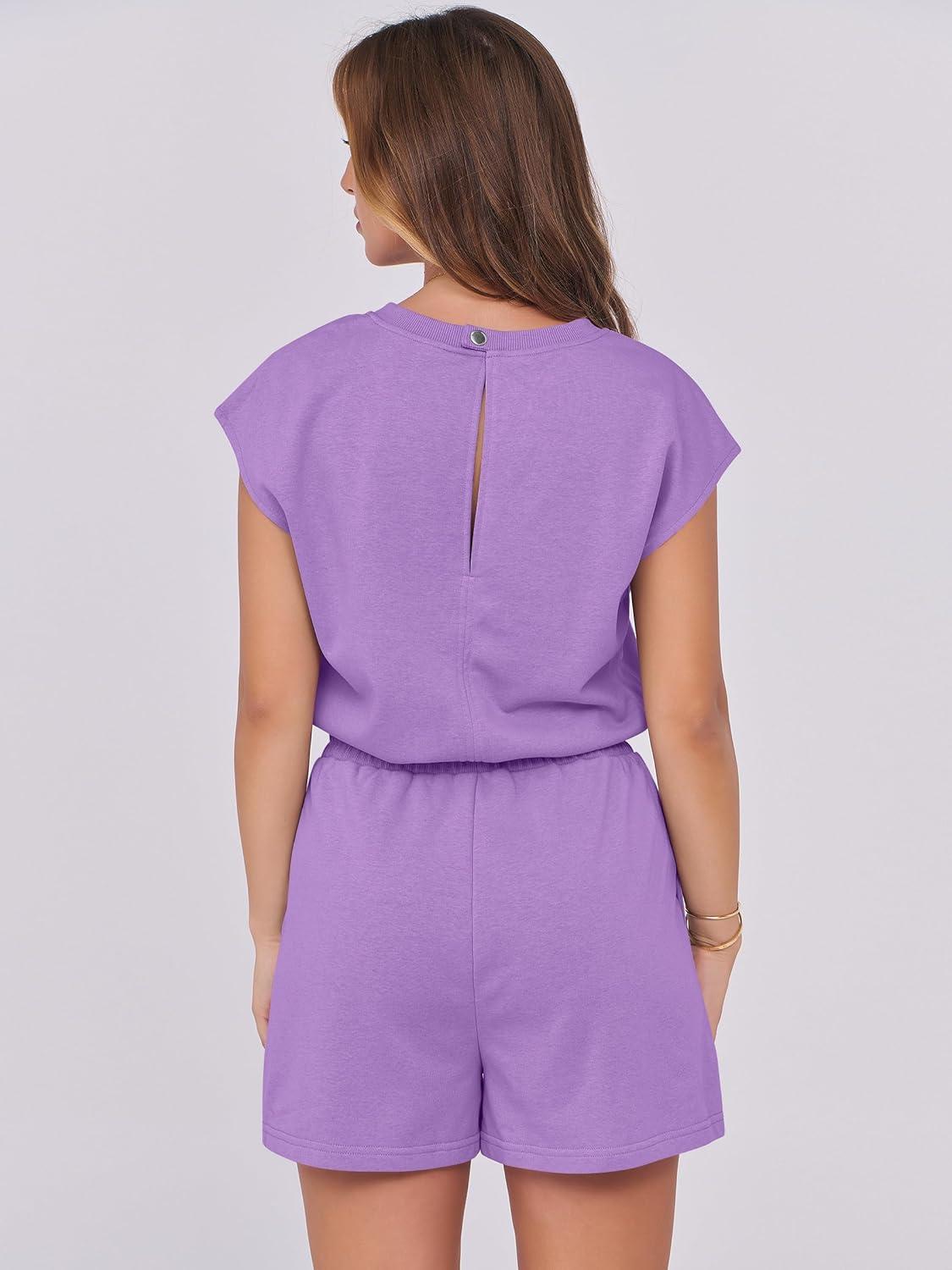imageANRABESS Rompers for Women Summer 2025 Casual Cap Sleeve Crewneck Drawstring One Piece Jumpsuit Outfits with PocketsLight Purple