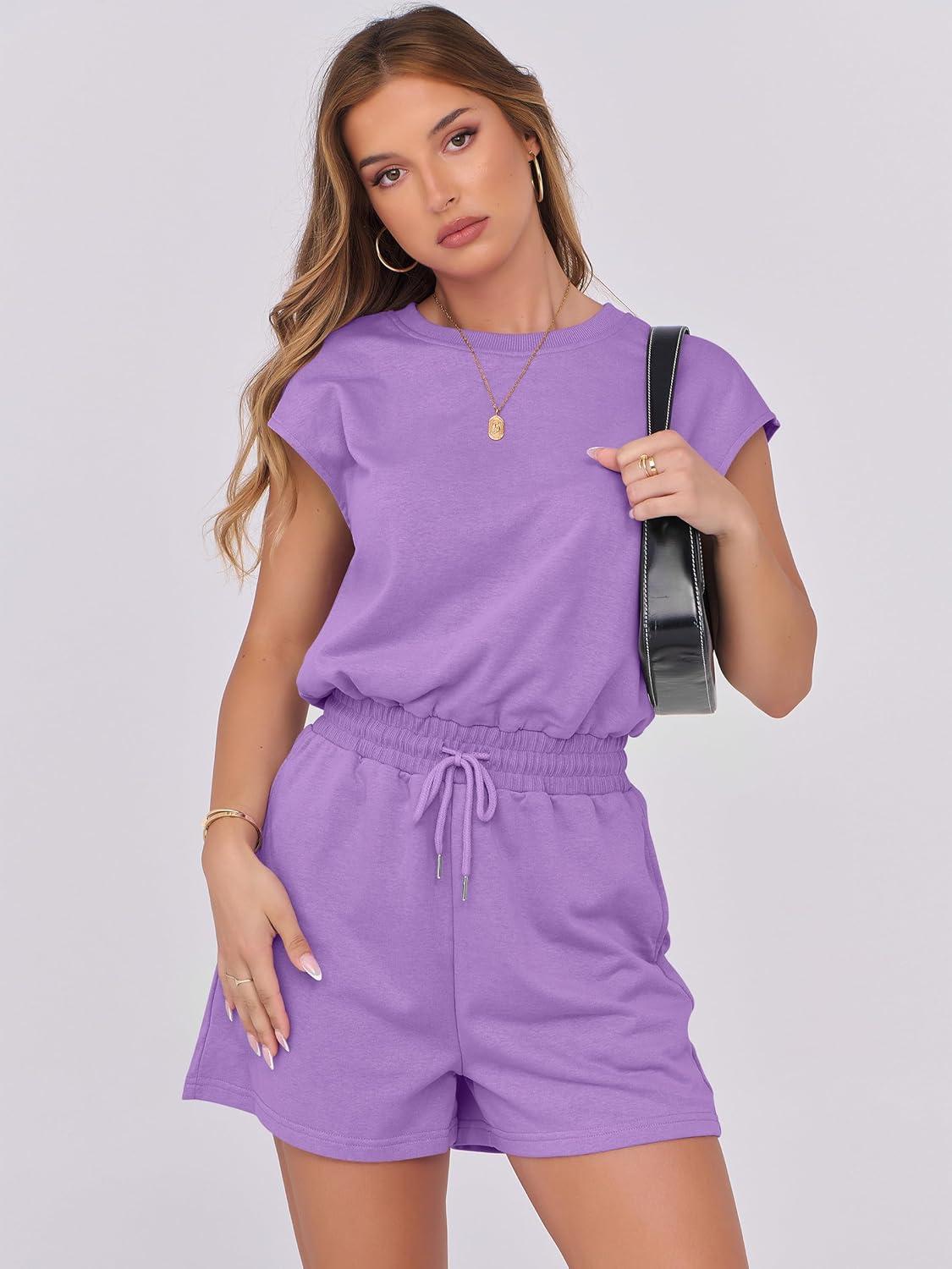 imageANRABESS Rompers for Women Summer 2025 Casual Cap Sleeve Crewneck Drawstring One Piece Jumpsuit Outfits with PocketsLight Purple