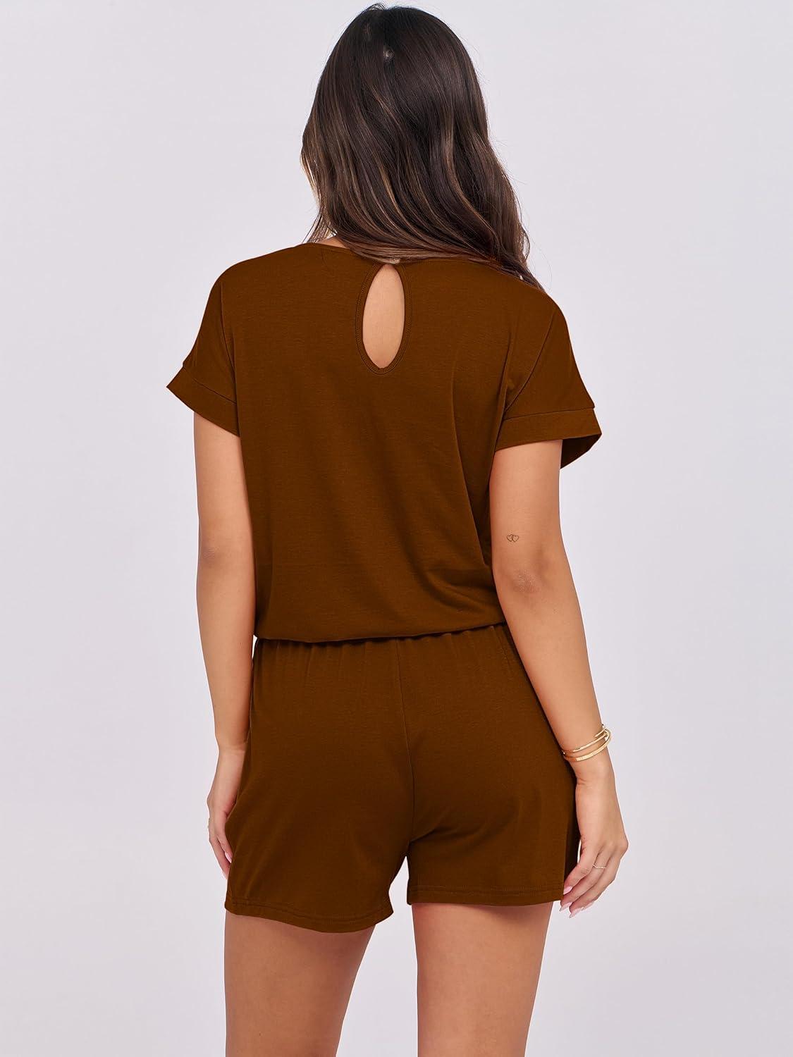 imageANRABESS Rompers for Women Summer 2025 Casual Dressy One Piece Tshirt Short Pants Jumpsuit Beach Vacation Outfit Clothes04 Brown
