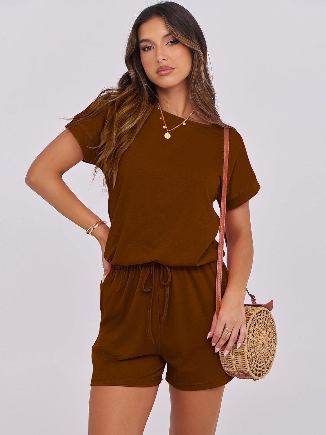 imageANRABESS Rompers for Women Summer 2025 Casual Dressy One Piece Tshirt Short Pants Jumpsuit Beach Vacation Outfit Clothes04 Brown