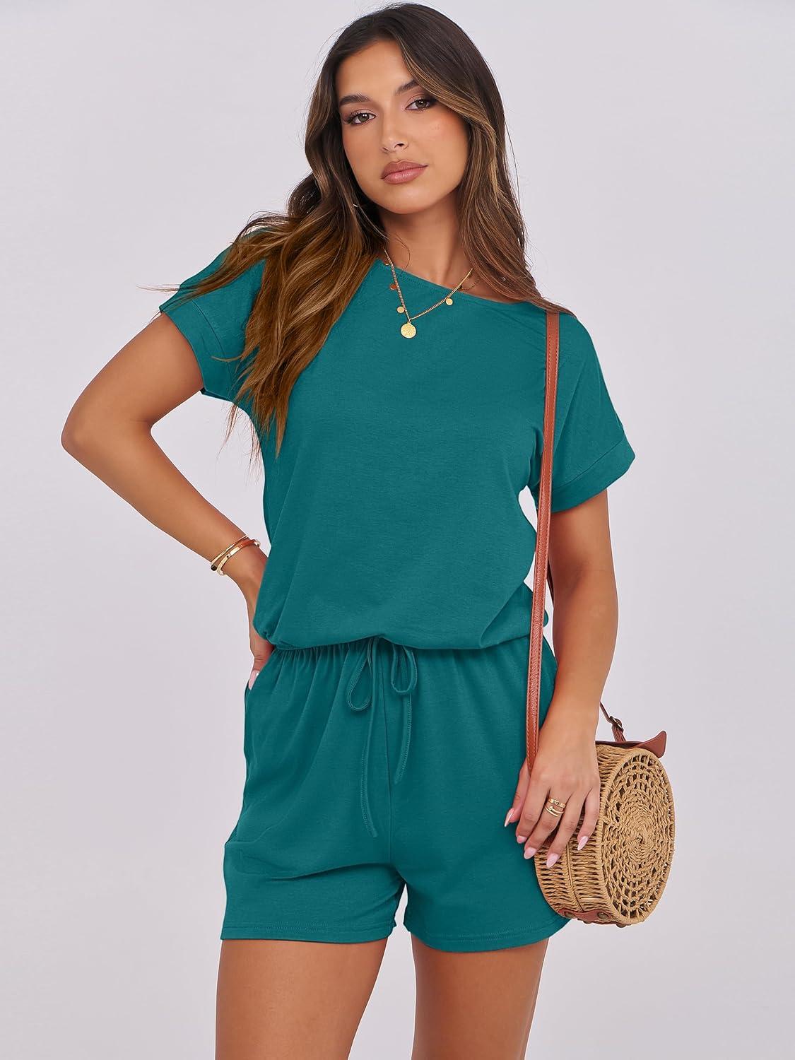 imageANRABESS Rompers for Women Summer 2025 Casual Dressy One Piece Tshirt Short Pants Jumpsuit Beach Vacation Outfit Clothes04 Lake