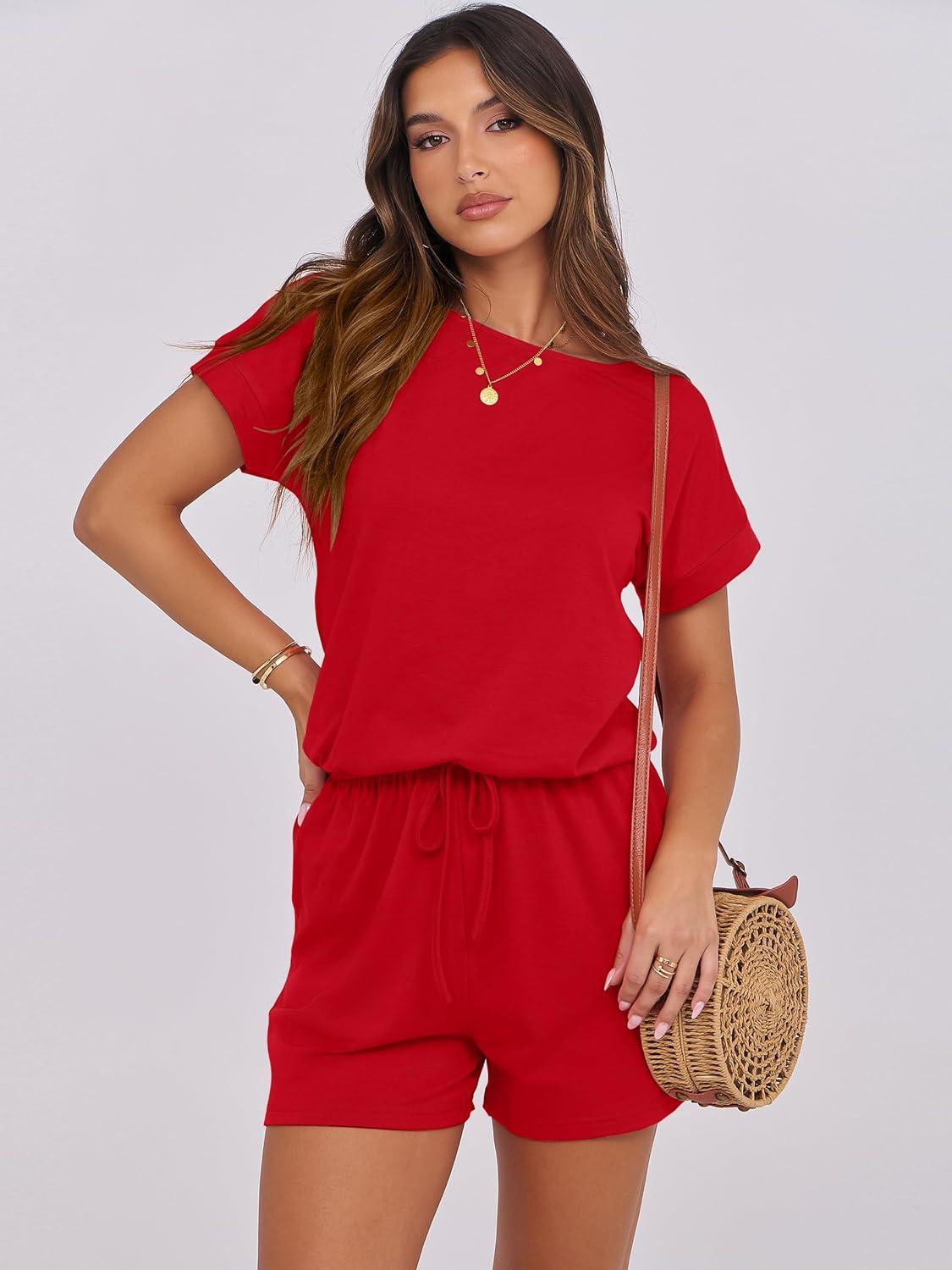 imageANRABESS Rompers for Women Summer 2025 Casual Dressy One Piece Tshirt Short Pants Jumpsuit Beach Vacation Outfit Clothes04 Red