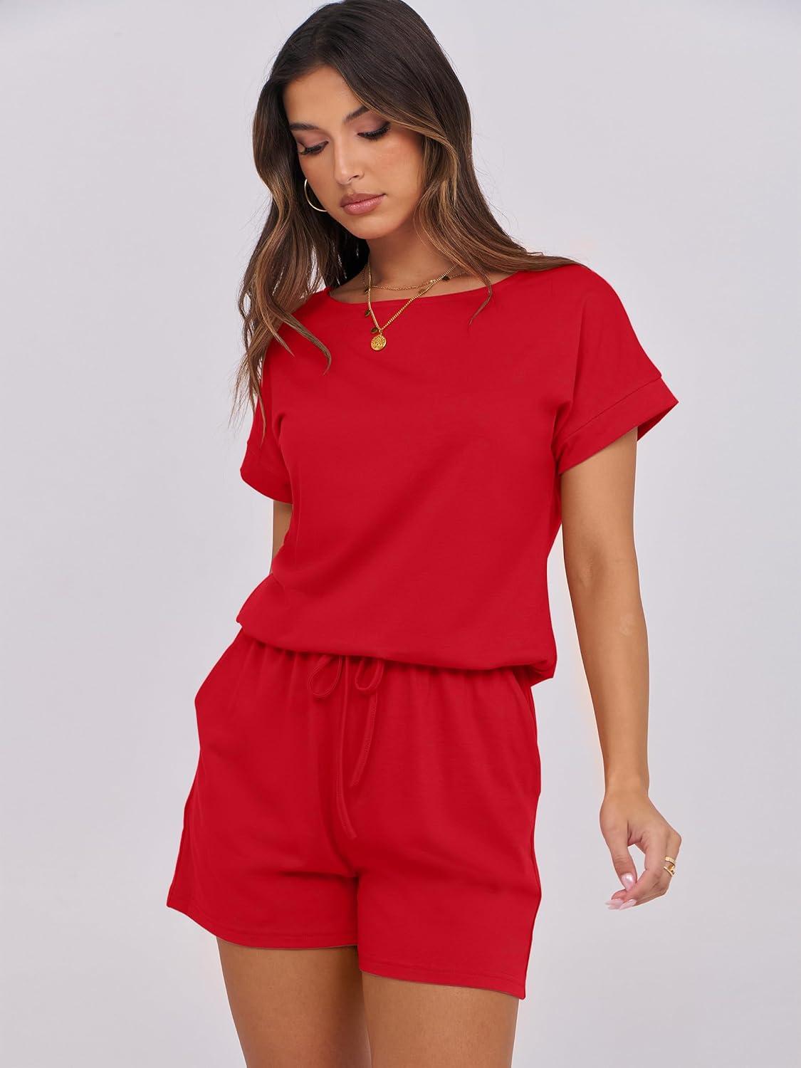 imageANRABESS Rompers for Women Summer 2025 Casual Dressy One Piece Tshirt Short Pants Jumpsuit Beach Vacation Outfit Clothes04 Red