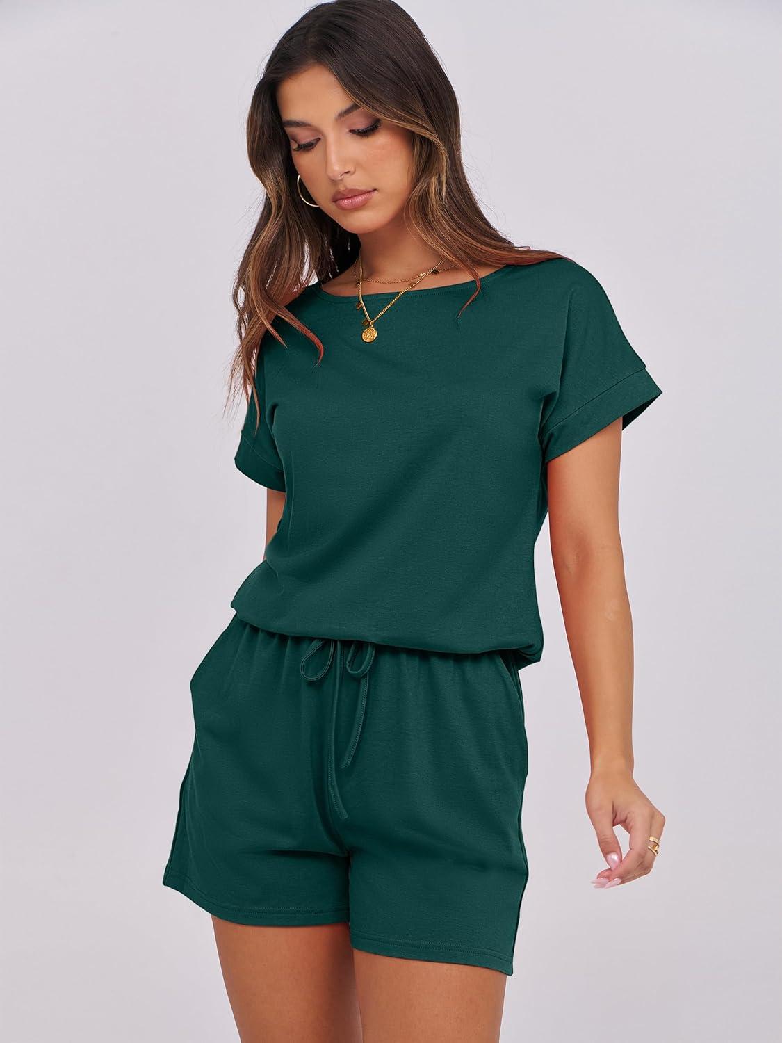 imageANRABESS Rompers for Women Summer 2025 Casual Dressy One Piece Tshirt Short Pants Jumpsuit Beach Vacation Outfit ClothesDeep Green
