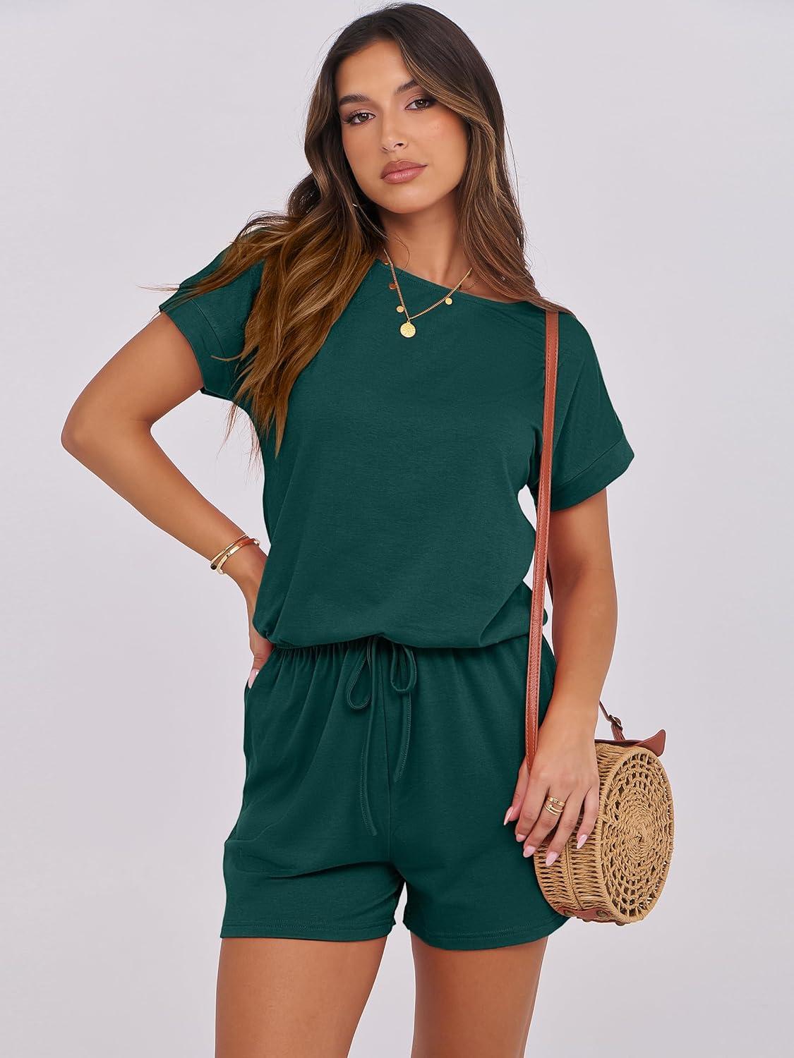 imageANRABESS Rompers for Women Summer 2025 Casual Dressy One Piece Tshirt Short Pants Jumpsuit Beach Vacation Outfit ClothesDeep Green