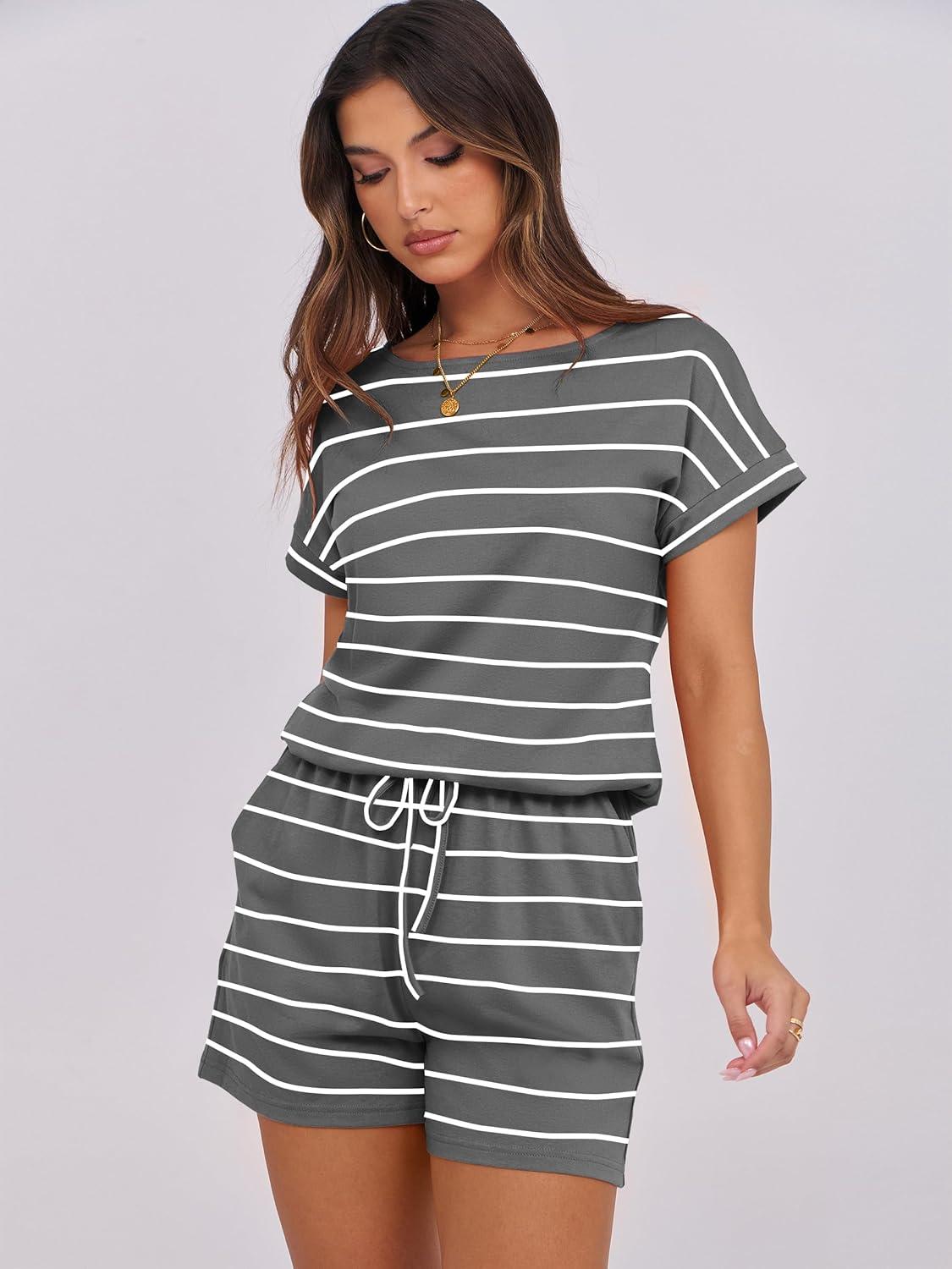 imageANRABESS Rompers for Women Summer 2025 Casual Dressy One Piece Tshirt Short Pants Jumpsuit Beach Vacation Outfit ClothesGrey White