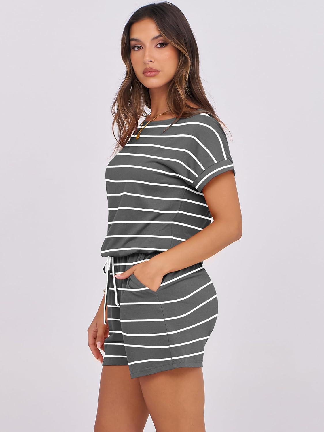 imageANRABESS Rompers for Women Summer 2025 Casual Dressy One Piece Tshirt Short Pants Jumpsuit Beach Vacation Outfit ClothesGrey White