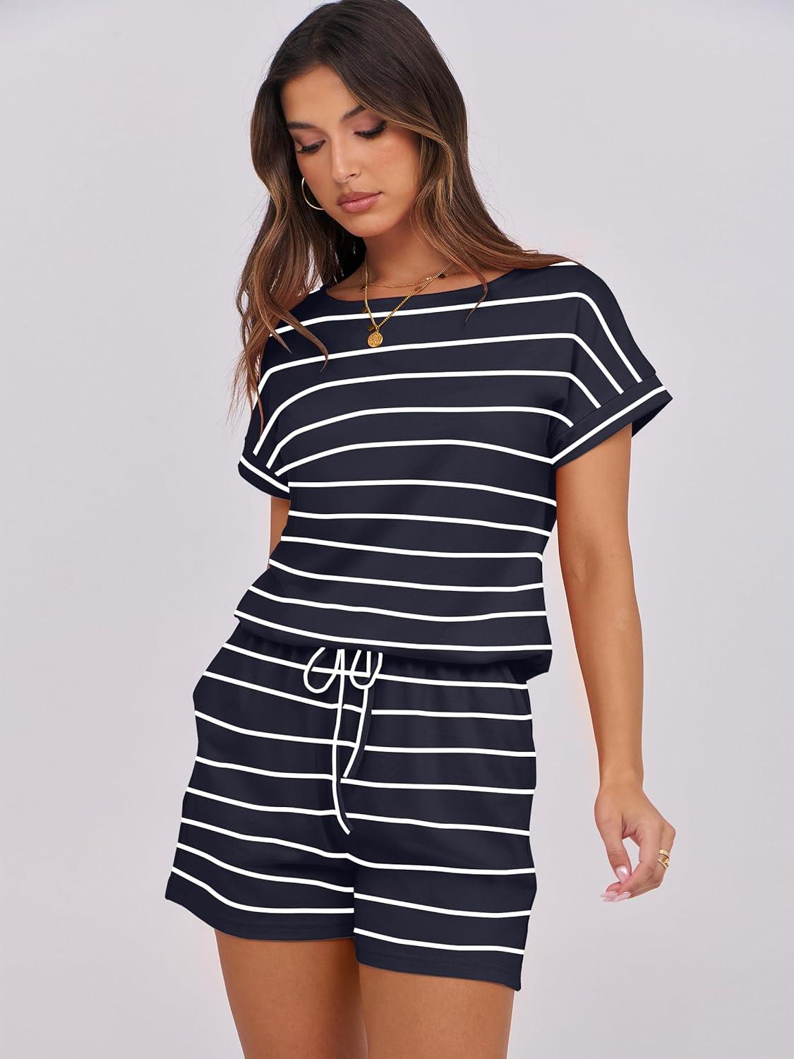 imageANRABESS Rompers for Women Summer 2025 Casual Dressy One Piece Tshirt Short Pants Jumpsuit Beach Vacation Outfit ClothesNavy White