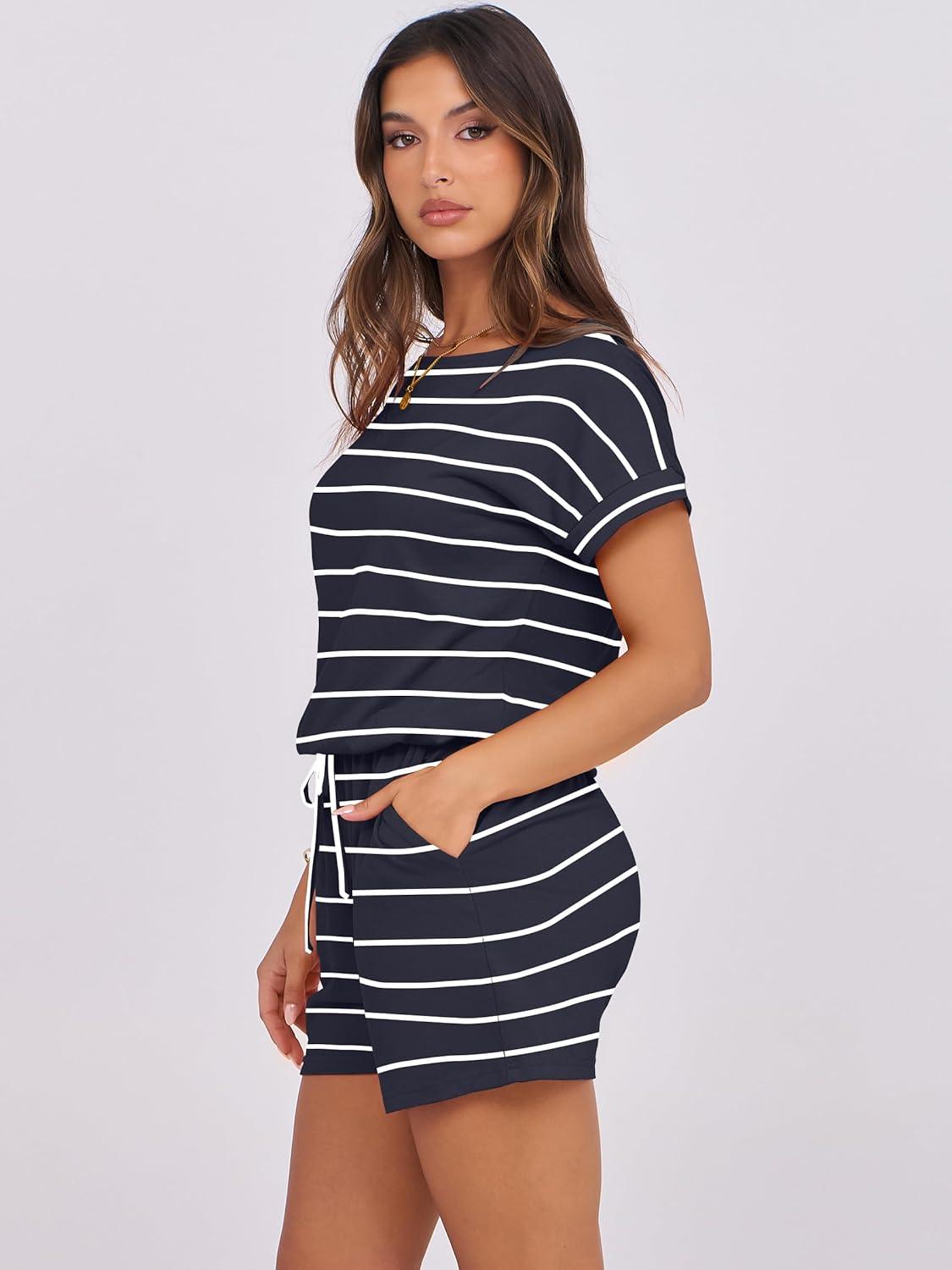 imageANRABESS Rompers for Women Summer 2025 Casual Dressy One Piece Tshirt Short Pants Jumpsuit Beach Vacation Outfit ClothesNavy White