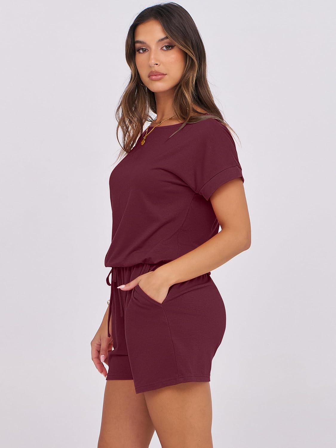 imageANRABESS Rompers for Women Summer 2025 Casual Dressy One Piece Tshirt Short Pants Jumpsuit Beach Vacation Outfit ClothesWine Red