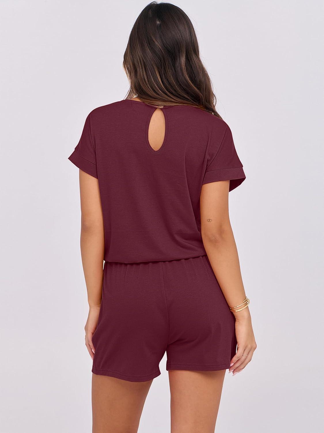 imageANRABESS Rompers for Women Summer 2025 Casual Dressy One Piece Tshirt Short Pants Jumpsuit Beach Vacation Outfit ClothesWine Red