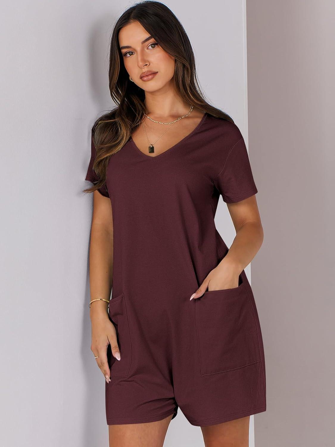 imageANRABESS Rompers for Women Summer Casual Short Sleeve Jumpsuits V Neck Loose Fit One Piece Outfits with Pockets 2025 ClothesBurgundy