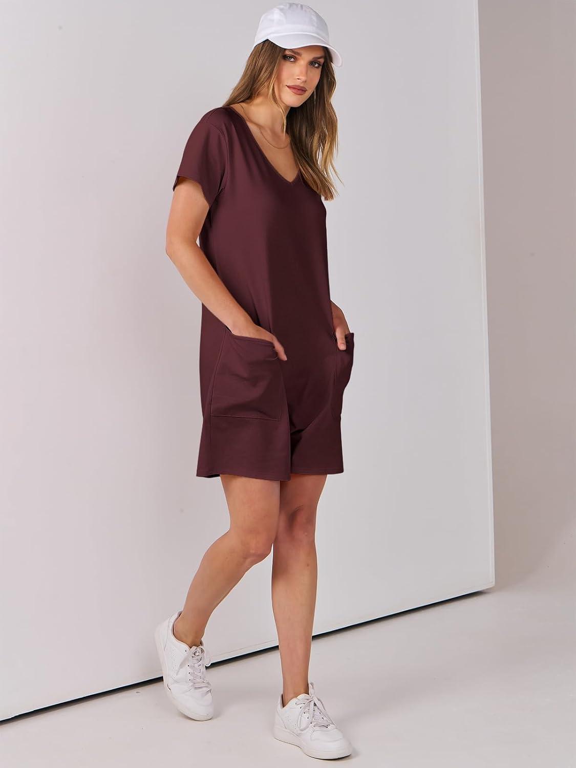 imageANRABESS Rompers for Women Summer Casual Short Sleeve Jumpsuits V Neck Loose Fit One Piece Outfits with Pockets 2025 ClothesBurgundy