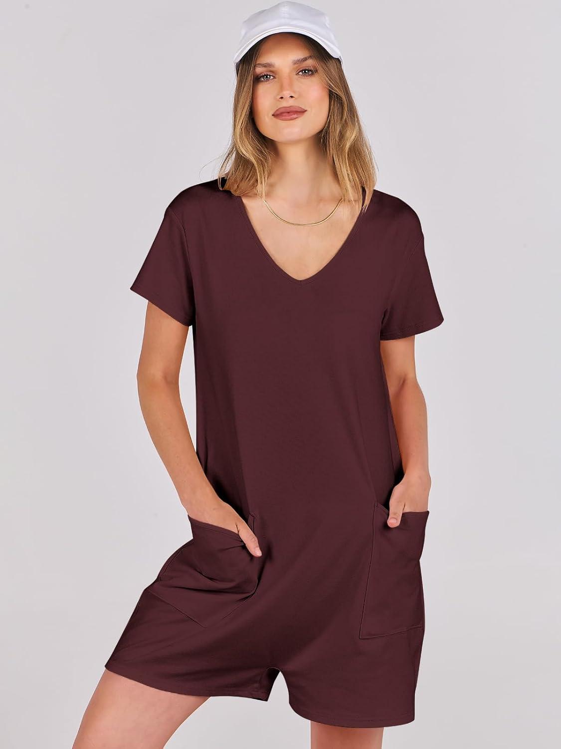 imageANRABESS Rompers for Women Summer Casual Short Sleeve Jumpsuits V Neck Loose Fit One Piece Outfits with Pockets 2025 ClothesBurgundy