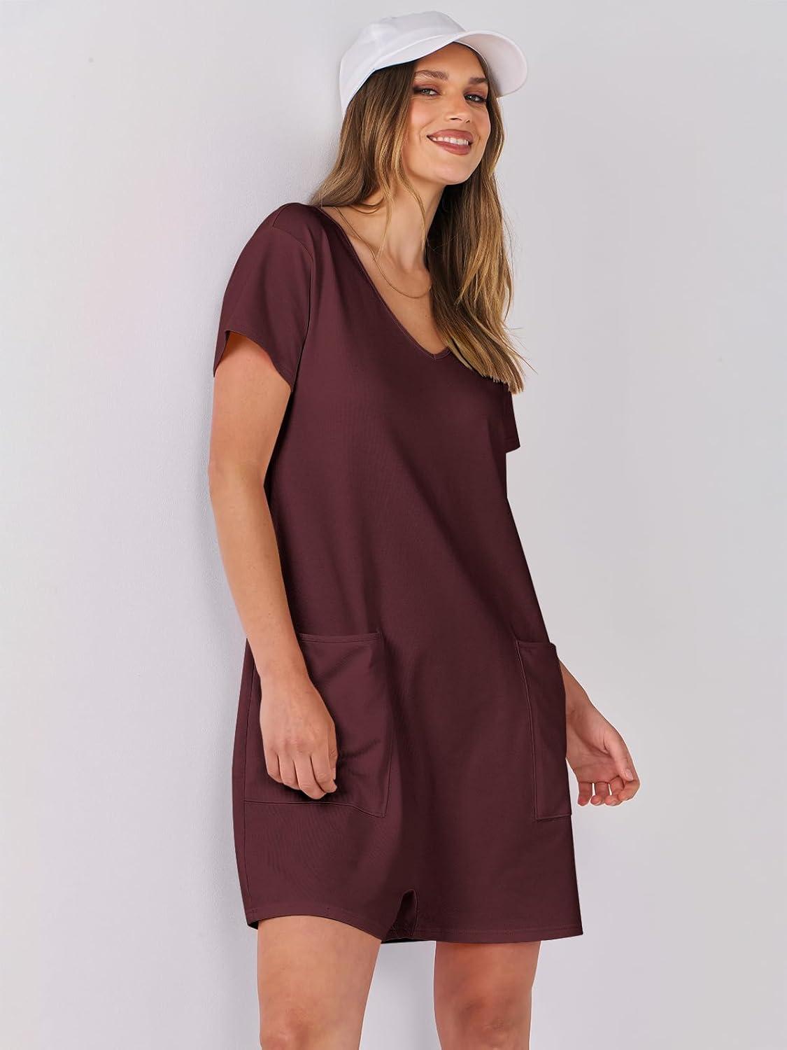 imageANRABESS Rompers for Women Summer Casual Short Sleeve Jumpsuits V Neck Loose Fit One Piece Outfits with Pockets 2025 ClothesBurgundy