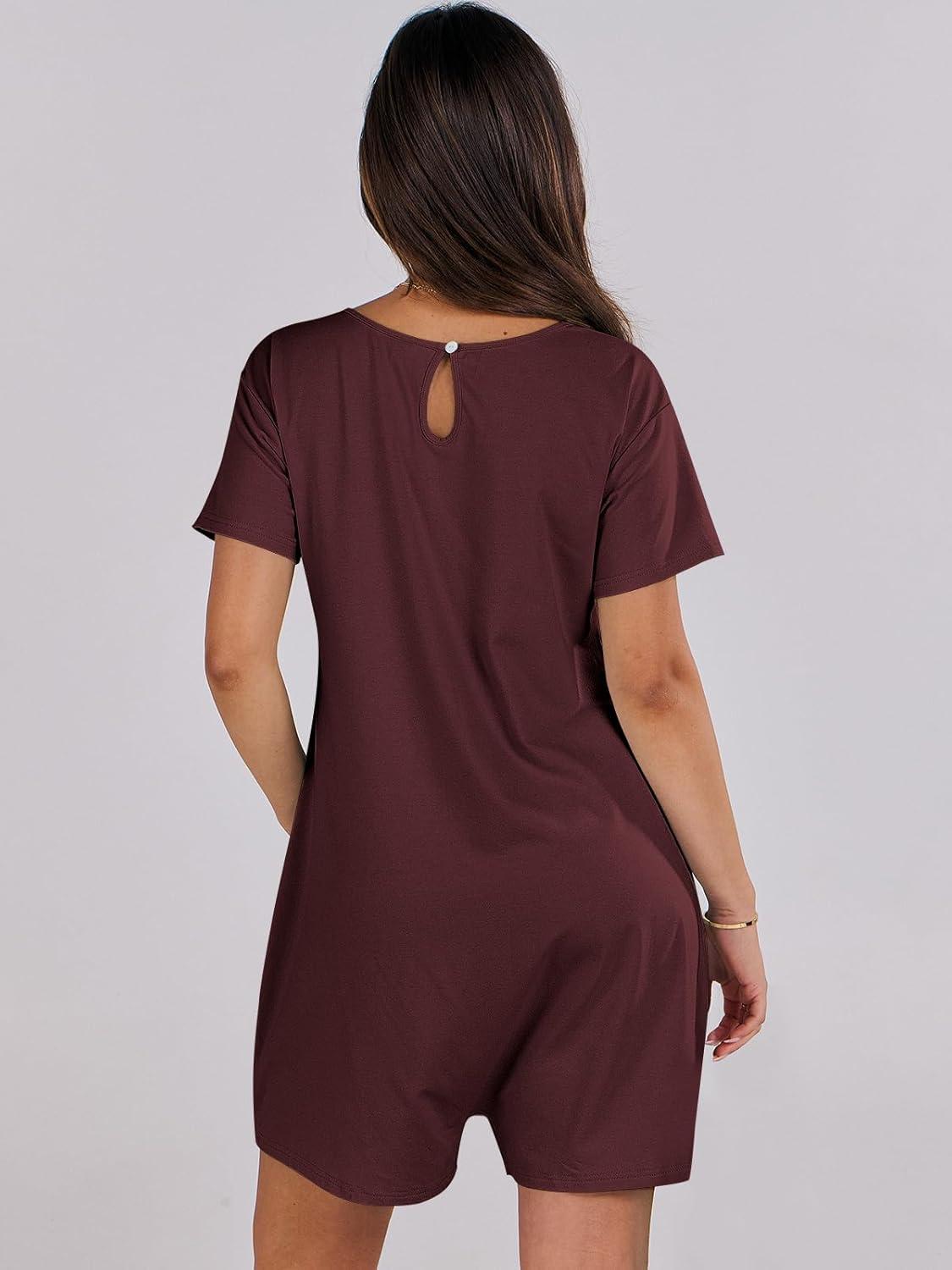imageANRABESS Rompers for Women Summer Casual Short Sleeve Jumpsuits V Neck Loose Fit One Piece Outfits with Pockets 2025 ClothesBurgundy
