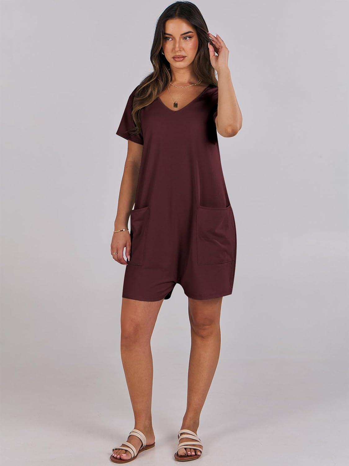 imageANRABESS Rompers for Women Summer Casual Short Sleeve Jumpsuits V Neck Loose Fit One Piece Outfits with Pockets 2025 ClothesBurgundy