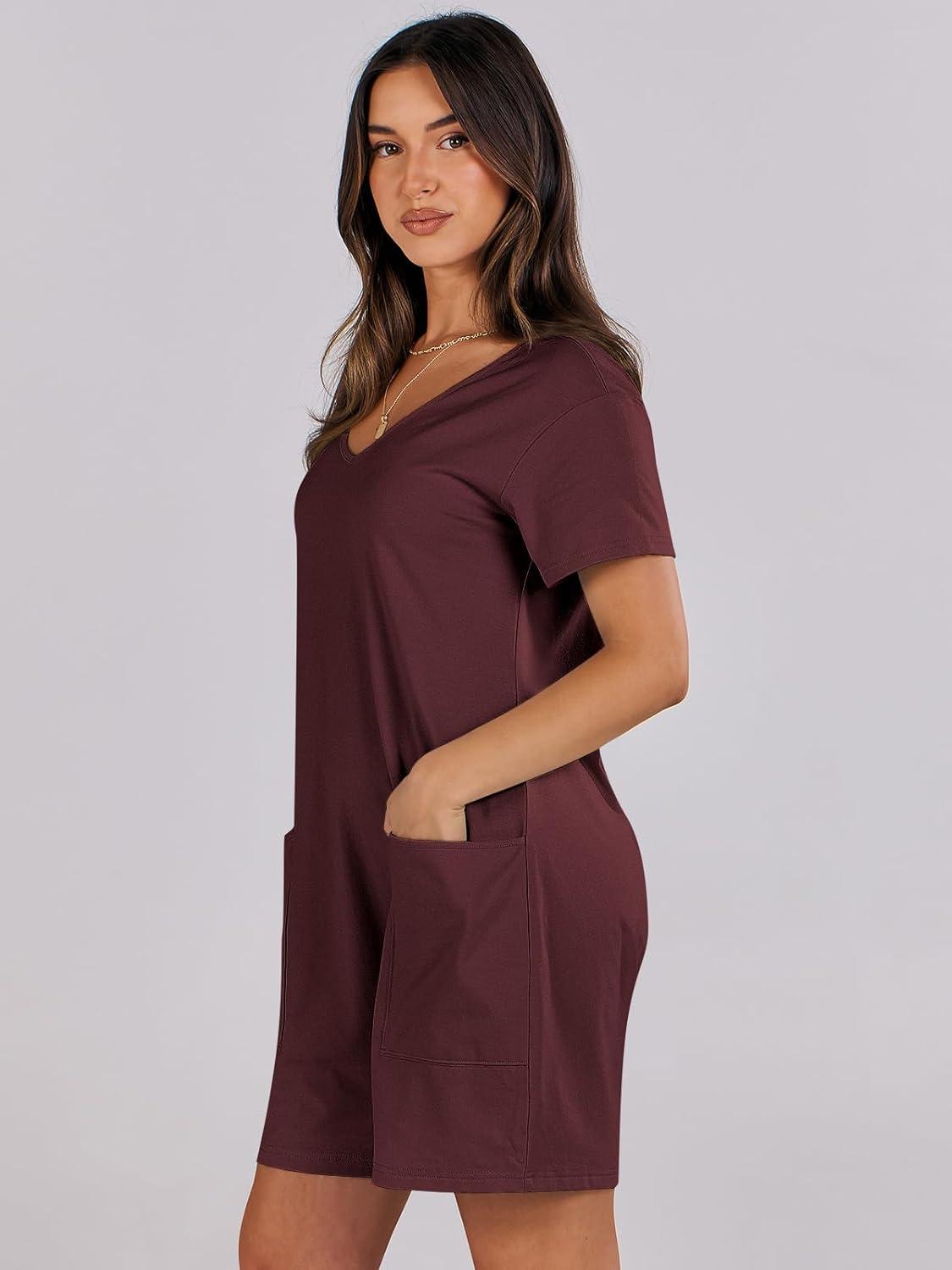 imageANRABESS Rompers for Women Summer Casual Short Sleeve Jumpsuits V Neck Loose Fit One Piece Outfits with Pockets 2025 ClothesBurgundy