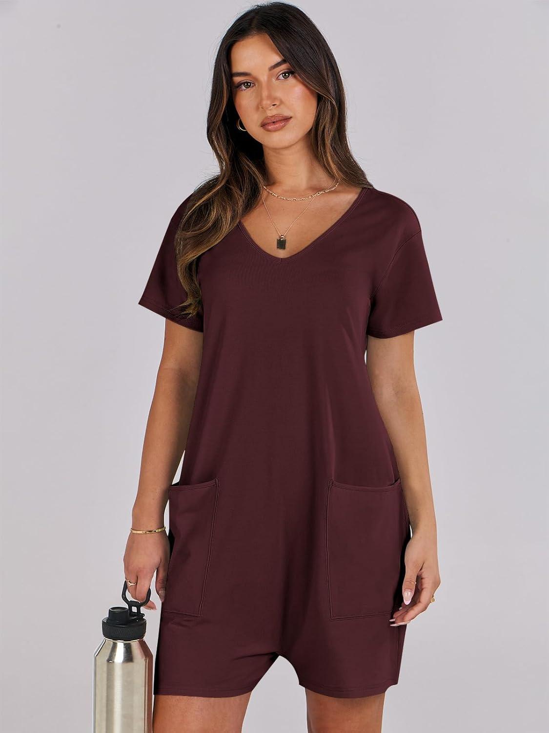 imageANRABESS Rompers for Women Summer Casual Short Sleeve Jumpsuits V Neck Loose Fit One Piece Outfits with Pockets 2025 ClothesBurgundy