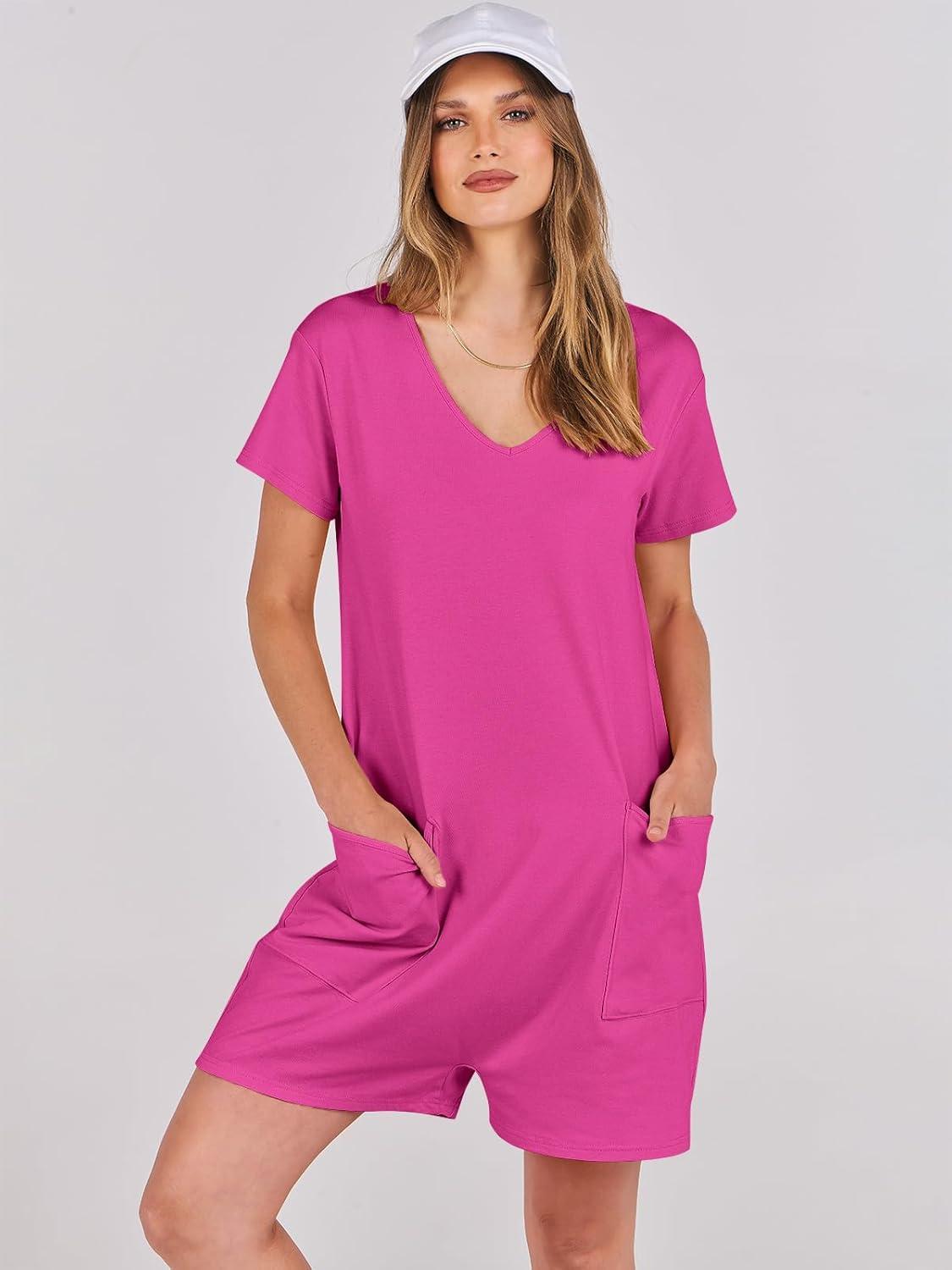 imageANRABESS Rompers for Women Summer Casual Short Sleeve Jumpsuits V Neck Loose Fit One Piece Outfits with Pockets 2025 ClothesHot Pink