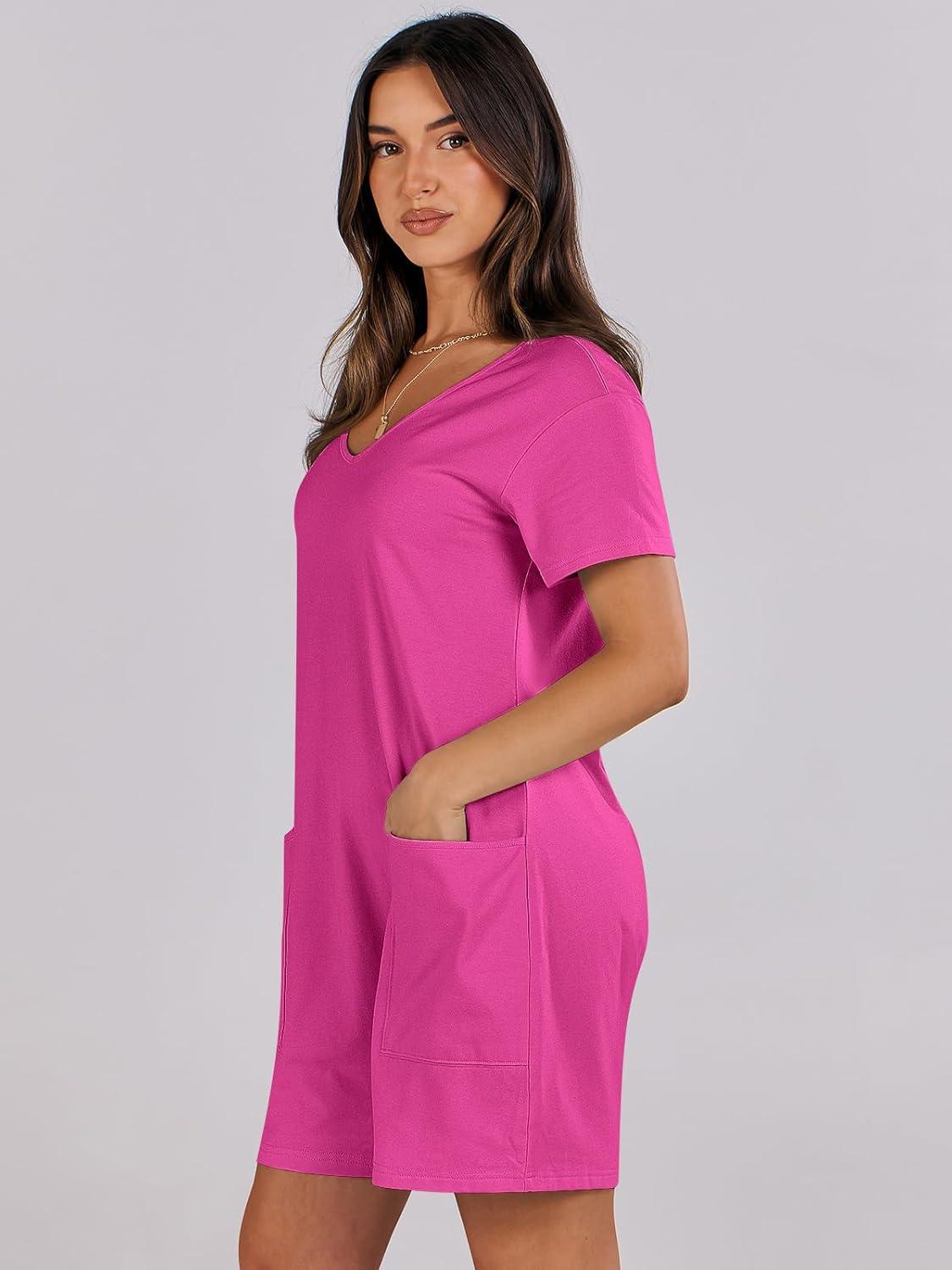 imageANRABESS Rompers for Women Summer Casual Short Sleeve Jumpsuits V Neck Loose Fit One Piece Outfits with Pockets 2025 ClothesHot Pink