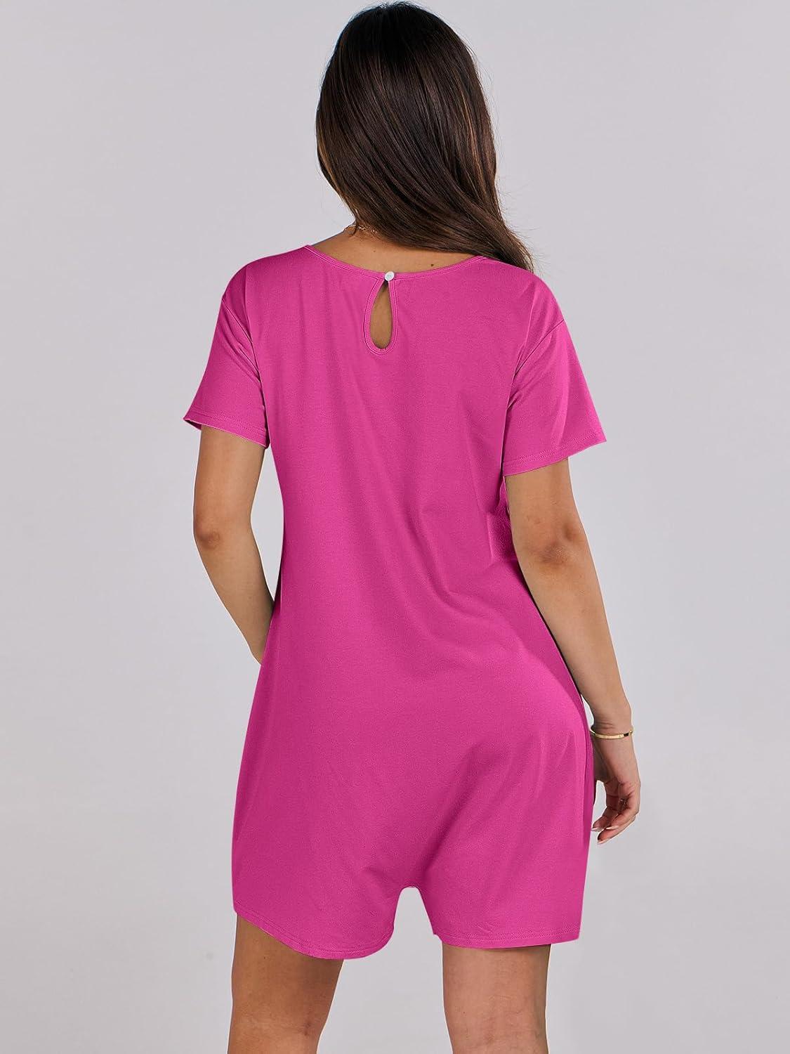 imageANRABESS Rompers for Women Summer Casual Short Sleeve Jumpsuits V Neck Loose Fit One Piece Outfits with Pockets 2025 ClothesHot Pink