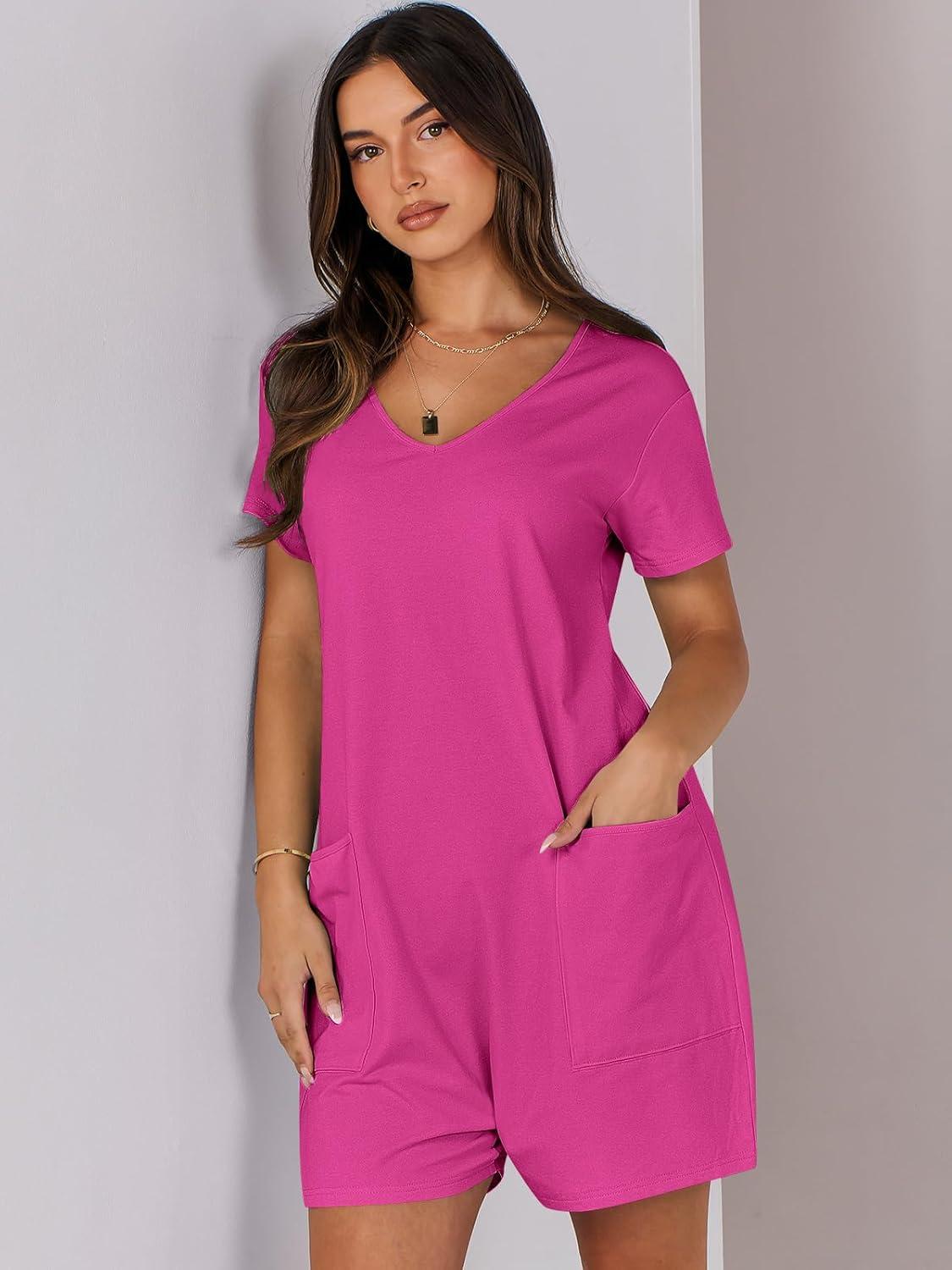 imageANRABESS Rompers for Women Summer Casual Short Sleeve Jumpsuits V Neck Loose Fit One Piece Outfits with Pockets 2025 ClothesHot Pink