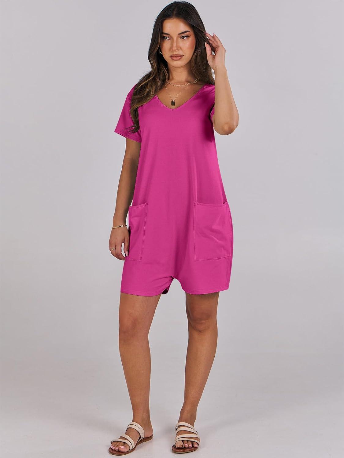 imageANRABESS Rompers for Women Summer Casual Short Sleeve Jumpsuits V Neck Loose Fit One Piece Outfits with Pockets 2025 ClothesHot Pink
