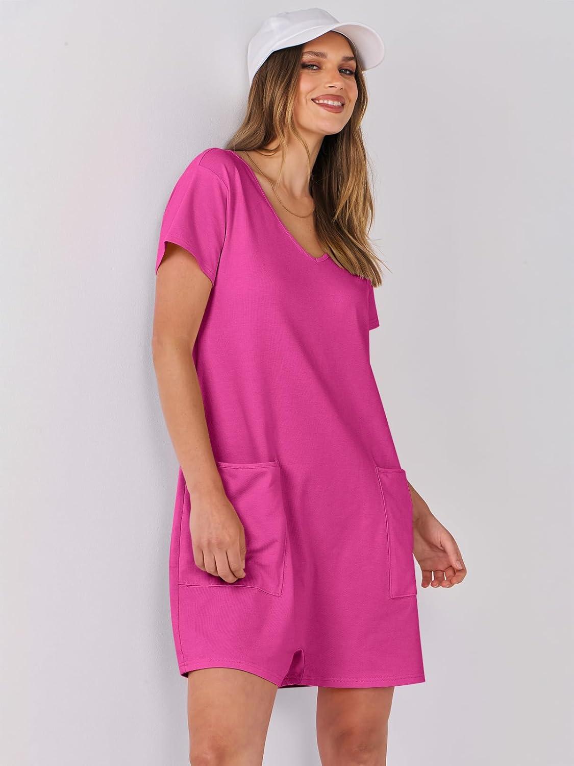 imageANRABESS Rompers for Women Summer Casual Short Sleeve Jumpsuits V Neck Loose Fit One Piece Outfits with Pockets 2025 ClothesHot Pink