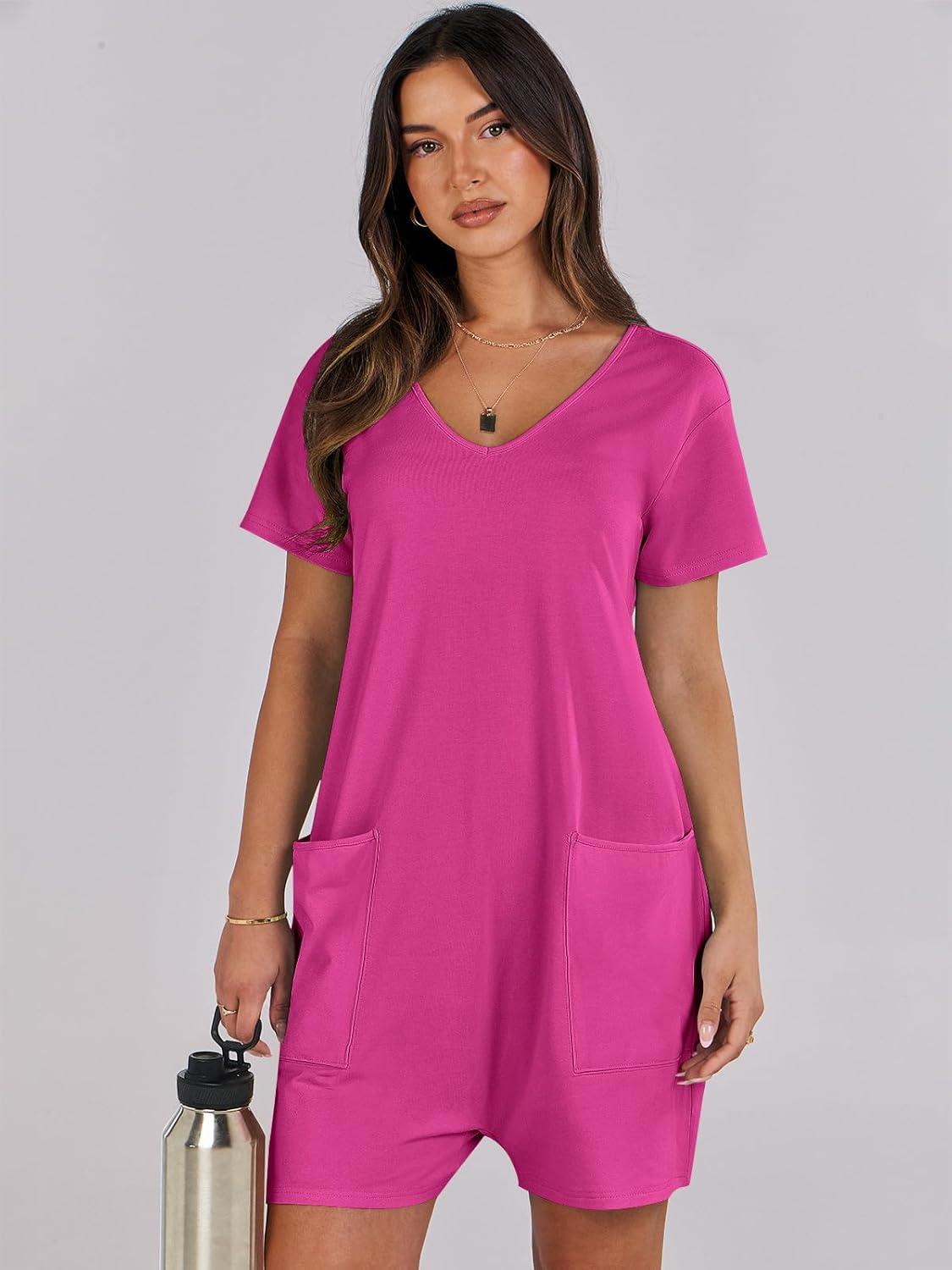imageANRABESS Rompers for Women Summer Casual Short Sleeve Jumpsuits V Neck Loose Fit One Piece Outfits with Pockets 2025 ClothesHot Pink