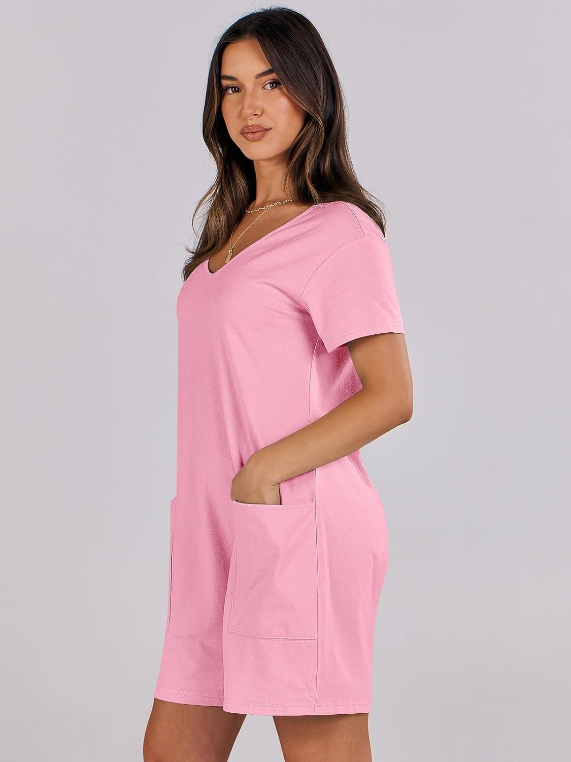 imageANRABESS Rompers for Women Summer Casual Short Sleeve Jumpsuits V Neck Loose Fit One Piece Outfits with Pockets 2025 ClothesPink