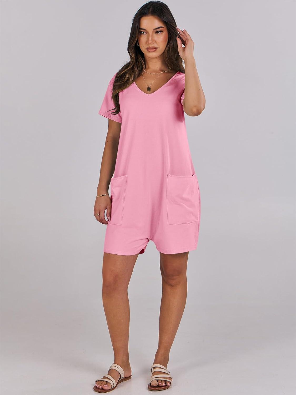 imageANRABESS Rompers for Women Summer Casual Short Sleeve Jumpsuits V Neck Loose Fit One Piece Outfits with Pockets 2025 ClothesPink