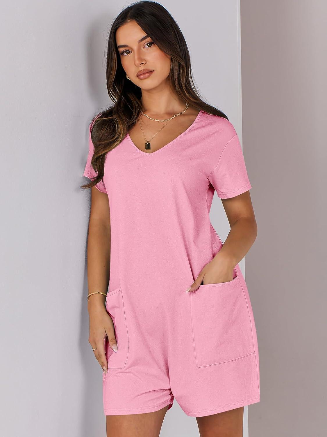 imageANRABESS Rompers for Women Summer Casual Short Sleeve Jumpsuits V Neck Loose Fit One Piece Outfits with Pockets 2025 ClothesPink