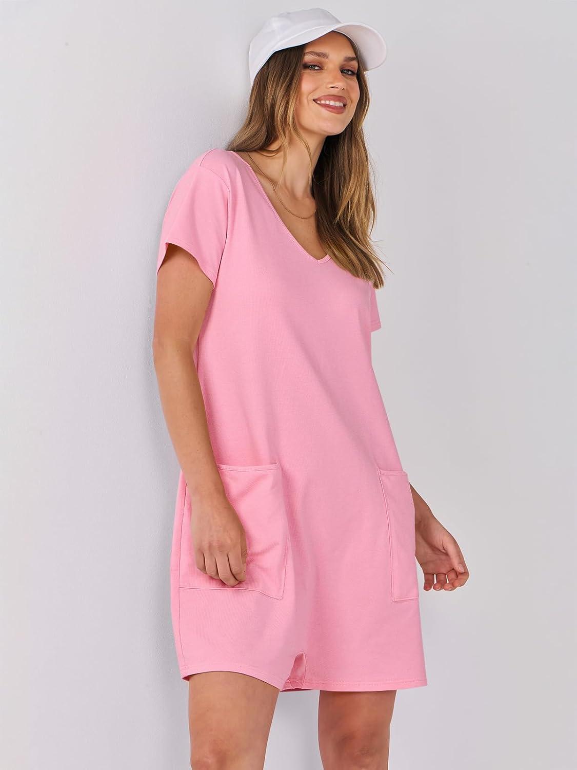 imageANRABESS Rompers for Women Summer Casual Short Sleeve Jumpsuits V Neck Loose Fit One Piece Outfits with Pockets 2025 ClothesPink