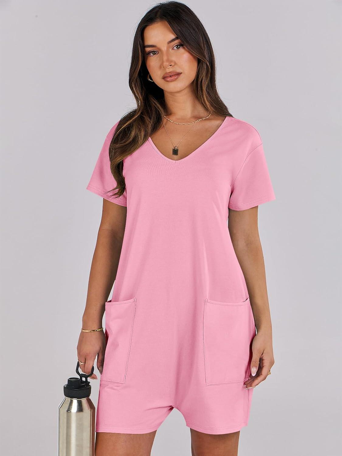 imageANRABESS Rompers for Women Summer Casual Short Sleeve Jumpsuits V Neck Loose Fit One Piece Outfits with Pockets 2025 ClothesPink