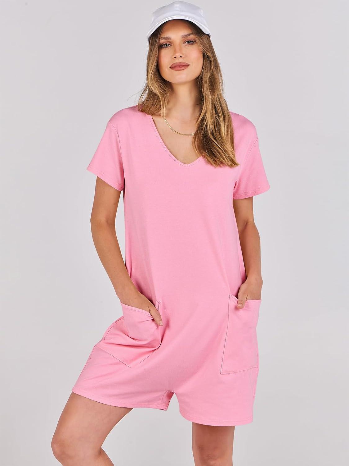 imageANRABESS Rompers for Women Summer Casual Short Sleeve Jumpsuits V Neck Loose Fit One Piece Outfits with Pockets 2025 ClothesPink