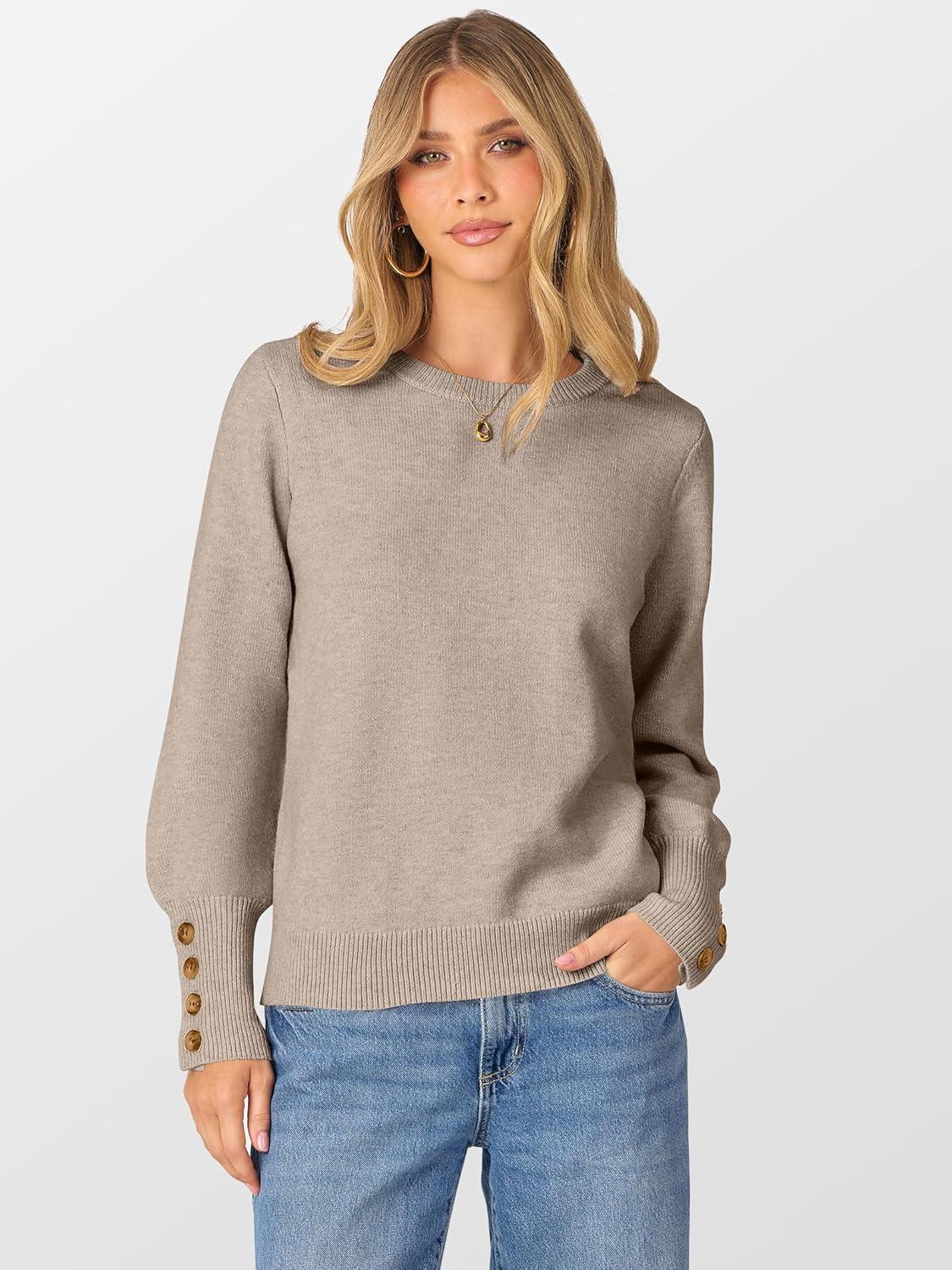 imageANRABESS Sweaters for Women Long Sleeve Crewneck Casual Loose Wool Blend Soft Knit Pullover Tops 2025 Fall Fashion OutfitsLight Khaki