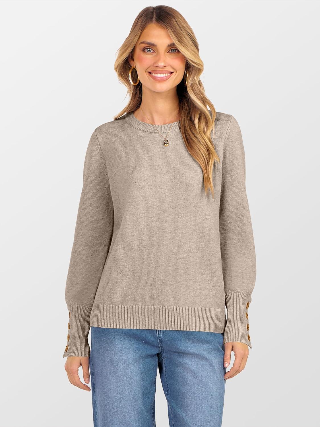 imageANRABESS Sweaters for Women Long Sleeve Crewneck Casual Loose Wool Blend Soft Knit Pullover Tops 2025 Fall Fashion OutfitsLight Khaki