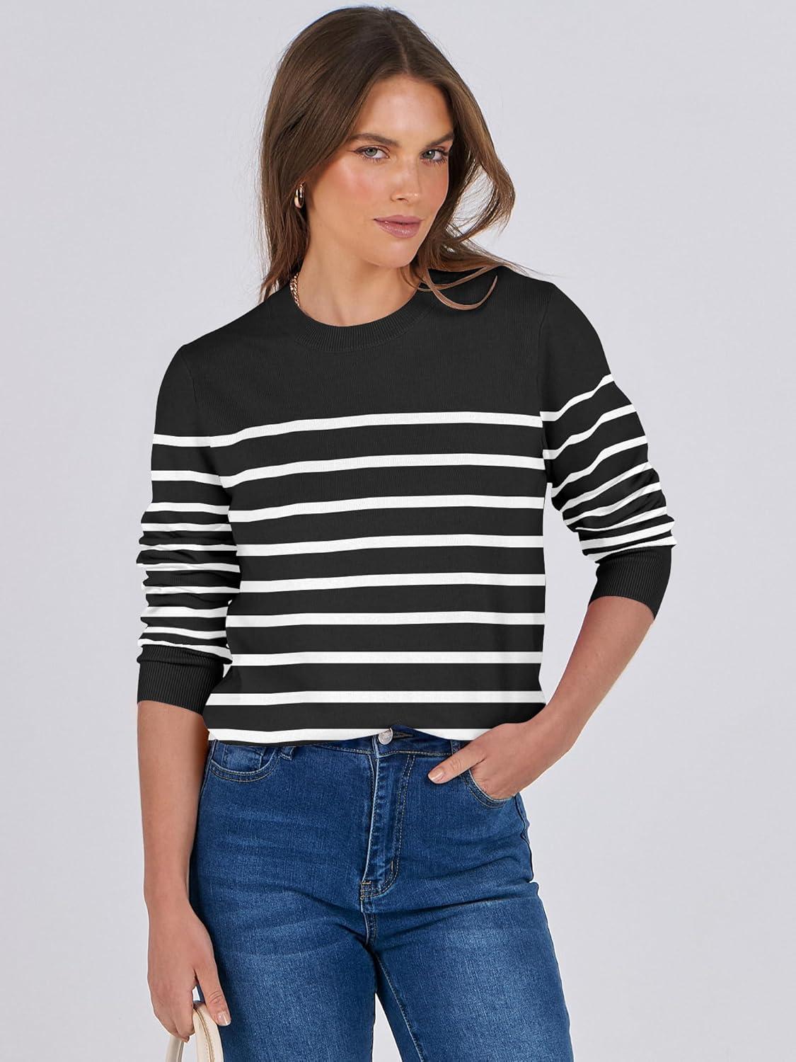 imageANRABESS Sweaters for Women Long Sleeve Lightweight Crewneck Soft Basic Knit Loose Fit Pullover Top 2025 Fall Trendy OutfitsBlack White