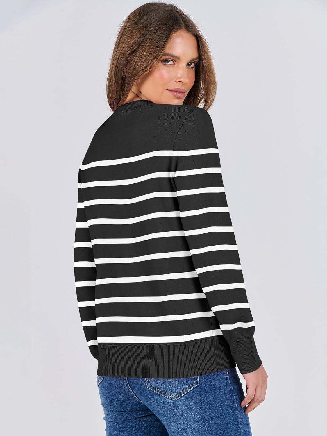 imageANRABESS Sweaters for Women Long Sleeve Lightweight Crewneck Soft Basic Knit Loose Fit Pullover Top 2025 Fall Trendy OutfitsBlack White